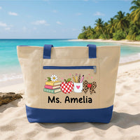 Personalized Teacher Tote Bag with Zipper, Custom Name Canvas Bag, Apple Books and Bow Art, Apple Teacher Tote, Back to School Gift