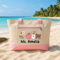 Personalized Teacher Tote Bag with Zipper, Custom Name Canvas Bag, Apple Books and Bow Art, Apple Teacher Tote, Back to School Gift