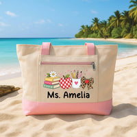 Personalized Teacher Tote Bag with Zipper, Custom Name Canvas Bag, Apple Books and Bow Art, Apple Teacher Tote, Back to School Gift