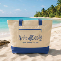 Personalized Beach Tote Bag with Zipper, Custom Names and Date Canvas Bag, Seashell Design, Beach Travel Tote, Anniversary Trip Gift