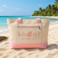 Personalized Beach Tote Bag with Zipper, Custom Names and Date Canvas Bag, Seashell Design, Beach Travel Tote, Anniversary Trip Gift