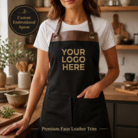 Custom Logo Embroidered Apron, Personalized Business Cooking Apron, Leather Trim Work Uniform, Custom Business Apron, Branded Kitchen Gift