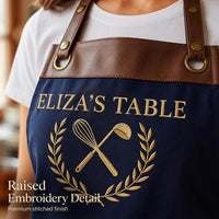 Custom Logo Embroidered Apron, Personalized Business Cooking Apron, Leather Trim Work Uniform, Custom Business Apron, Branded Kitchen Gift