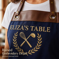 Custom Logo Embroidered Apron, Personalized Business Cooking Apron, Leather Trim Work Uniform, Custom Business Apron, Branded Kitchen Gift