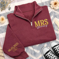 Personalized Mrs Embroidered Quarter Zip Sweatshirt, Custom Name and Date Top, Wedding Weekend Pullover, Newlywed Outfit, Bride to Be Gift