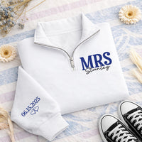 Personalized Mrs Embroidered Quarter Zip Sweatshirt, Custom Name and Date Top, Wedding Weekend Pullover, Newlywed Outfit, Bride to Be Gift