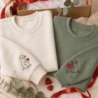 Matching Otter Embroidered Sweatshirt, Puzzle Heart Couple Hoodie, Cute Otter Sleeve Shirt, Anniversary Gift, Valentines Gift for Couple