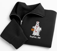 Personalized Nurse Embroidered Quarter Zip Sweatshirt, Custom RN Ghost Pullover, Halloween Party Layer, Spooky Shift Wear, Halloween Gift