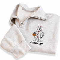 Personalized Nurse Embroidered Quarter Zip Sweatshirt, Custom RN Ghost Pullover, Halloween Party Layer, Spooky Shift Wear, Halloween Gift