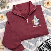 Personalized Nurse Embroidered Quarter Zip Sweatshirt, Custom RN Ghost Pullover, Halloween Party Layer, Spooky Shift Wear, Halloween Gift