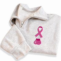 Pink Ribbon Embroidered Quarter Zip Sweatshirt, Breast Cancer Boxing Gloves Pullover, October Awareness Apparel, Thoughtful Survivor Gift
