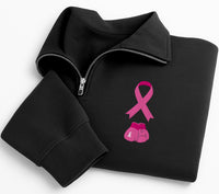Pink Ribbon Embroidered Quarter Zip Sweatshirt, Breast Cancer Boxing Gloves Pullover, October Awareness Apparel, Thoughtful Survivor Gift