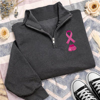 Pink Ribbon Embroidered Quarter Zip Sweatshirt, Breast Cancer Boxing Gloves Pullover, October Awareness Apparel, Thoughtful Survivor Gift