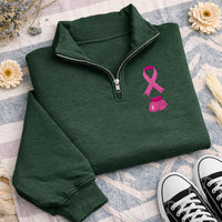 Pink Ribbon Embroidered Quarter Zip Sweatshirt, Breast Cancer Boxing Gloves Pullover, October Awareness Apparel, Thoughtful Survivor Gift