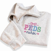 Personalized Peds Nurse Embroidered Quarter Zip Sweatshirt, Custom Pediatric RN Pullover, Hospital Shift Layer, Nurses Week Gift, RN Gift