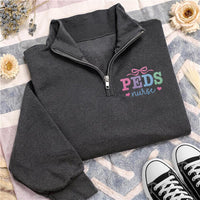 Personalized Peds Nurse Embroidered Quarter Zip Sweatshirt, Custom Pediatric RN Pullover, Hospital Shift Layer, Nurses Week Gift, RN Gift