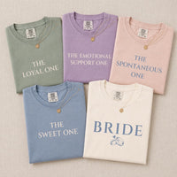 Personalized Bride or Bridesmaid Tee, Custom Friend Role Shirt, Bachelorette Top, Bridal Party Outfit, Wedding Gift