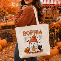 Personalized Halloween Tote Bag, Custom Name Ghost Bag, Cute Trick or Treat Canvas Tote, Kids Halloween Candy Bag, Spooky Season Gift