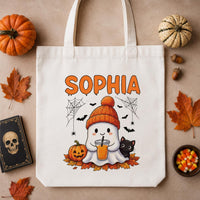 Personalized Halloween Tote Bag, Custom Name Ghost Bag, Cute Trick or Treat Canvas Tote, Kids Halloween Candy Bag, Spooky Season Gift