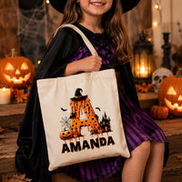Personalized Halloween Tote Bag, Custom Name Trick or Treat Bag, Kids Candy Canvas Tote, Spooky Initial Bag, Halloween Gift for Kids