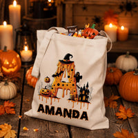 Personalized Halloween Tote Bag, Custom Name Trick or Treat Bag, Kids Candy Canvas Tote, Spooky Initial Bag, Halloween Gift for Kids