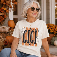 Personalized Halloween Family Shirt, Custom Mama Nana Gigi Mimi Mini Tee, Retro Ghost Role T-Shirt, Matching Fall Outfit, Spooky Gift