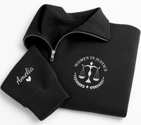 Personalized Lawyer Embroidered Quarter Zip Sweatshirt, Law School Pullover, Justice Scale Crest, JD Graduation Outfit, Future Lawyer Gift