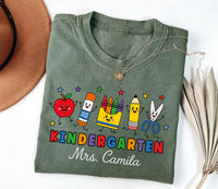 Personalized Kindergarten Teacher Shirt, Custom Teacher Name Tee, Cute School Supplies Design, First Day Outfit, Back to School Gift