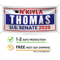 N'Kiyla Thomas For Oklahoma U.S. Senate Banner Sign, 13 oz Waterproof US Senate Election 2026, Democrate Vinyl Banner With Metal Grommets