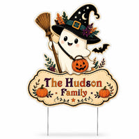 Personalized Halloween Yard Sign, Custom Family Name Lawn Sign, Cute Ghost Witch Cutout, Seasonal Outdoor Decor, Halloween Yard Decor