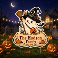 Personalized Halloween Yard Sign, Custom Family Name Lawn Sign, Cute Ghost Witch Cutout, Seasonal Outdoor Decor, Halloween Yard Decor