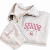 Personalized Senior Embroidered Quarter Zip Sweatshirt, Class of 2027 Pullover, Custom Name Sleeve, Graduation Day Outfit, Senior Gift