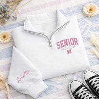 Personalized Senior Embroidered Quarter Zip Sweatshirt, Class of 2027 Pullover, Custom Name Sleeve, Graduation Day Outfit, Senior Gift