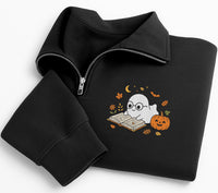 Bookish Ghost Embroidered Quarter Zip Sweatshirt, Book Lover Halloween Party Layer, Cozy Autumn Library Outfit, Halloween Gift for Her