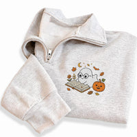 Bookish Ghost Embroidered Quarter Zip Sweatshirt, Book Lover Halloween Party Layer, Cozy Autumn Library Outfit, Halloween Gift for Her