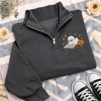 Bookish Ghost Embroidered Quarter Zip Sweatshirt, Book Lover Halloween Party Layer, Cozy Autumn Library Outfit, Halloween Gift for Her