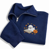 Bookish Ghost Embroidered Quarter Zip Sweatshirt, Book Lover Halloween Party Layer, Cozy Autumn Library Outfit, Halloween Gift for Her