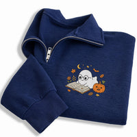 Bookish Ghost Embroidered Quarter Zip Sweatshirt, Book Lover Halloween Party Layer, Cozy Autumn Library Outfit, Halloween Gift for Her