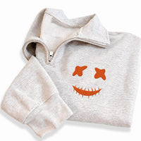 Personalized Pumpkin Embroidered Quarter Zip Sweatshirt, Halloween Face Choice, Halloween Party Layer, October Outfit, Spooky Gift
