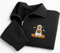 Ghost Dog Embroidered Quarter Zip Sweatshirt, Cute Puppy Pumpkin Fleece Pullover, Cozy Halloween Party Layer, Dog Lover Halloween Gift
