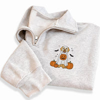 Ghost Dog Embroidered Quarter Zip Sweatshirt, Cute Puppy Pumpkin Fleece Pullover, Cozy Halloween Party Layer, Dog Lover Halloween Gift