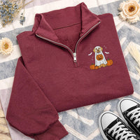 Ghost Dog Embroidered Quarter Zip Sweatshirt, Cute Puppy Pumpkin Fleece Pullover, Cozy Halloween Party Layer, Dog Lover Halloween Gift