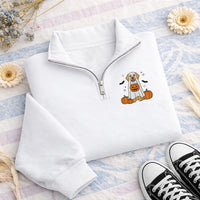 Ghost Dog Embroidered Quarter Zip Sweatshirt, Cute Puppy Pumpkin Fleece Pullover, Cozy Halloween Party Layer, Dog Lover Halloween Gift