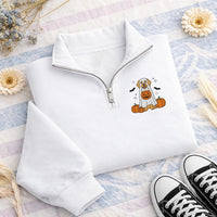 Ghost Dog Embroidered Quarter Zip Sweatshirt, Cute Puppy Pumpkin Fleece Pullover, Cozy Halloween Party Layer, Dog Lover Halloween Gift