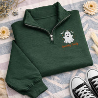 Personalized Ghost Embroidered Quarter Zip Sweatshirt, Custom Name Pullover, Festive Embroidered Top, Spooky Fall Outfit, Halloween Gift