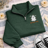 Personalized Ghost Embroidered Quarter Zip Sweatshirt, Custom Name Pullover, Festive Embroidered Top, Spooky Fall Outfit, Halloween Gift