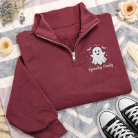 Personalized Ghost Embroidered Quarter Zip Sweatshirt, Custom Name Pullover, Festive Embroidered Top, Spooky Fall Outfit, Halloween Gift