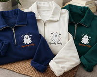 Personalized Ghost Embroidered Quarter Zip Sweatshirt, Custom Name Pullover, Festive Embroidered Top, Spooky Fall Outfit, Halloween Gift