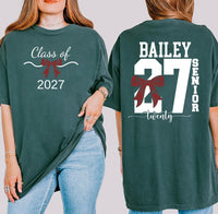 Personalized Senior 2027 Shirt, Custom Name Class of 2027 Tee, Front and Back Bow Graphic, High School Graduation Outfit, Senior Gift