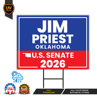 Jim Priest For Oklahoma Senate 2026 Yard Sign, Corrugated Plastic Senate Elections, Race Red White & Blue Yard Sign with Metal H-Stake